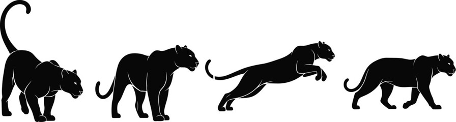 Leopard Evolution Silhouette Series Showing Walking, Running, and Leaping Stages, Animal Movement Icons © MDTAREK