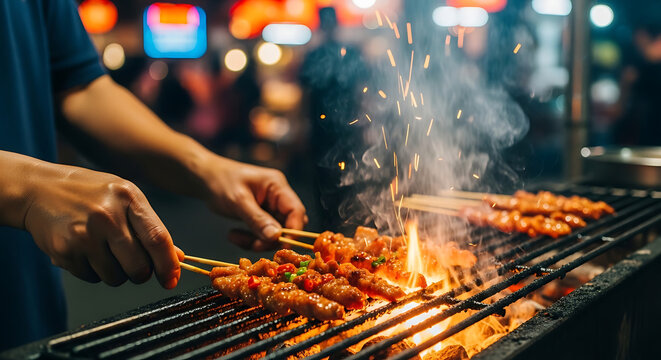 Street food vendor grilling skewers over open flames at night market, close-up