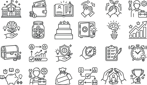 Personal development and financial growth icon set featuring education wealth management professional skills strategic planning goal achievement and mindfulness line art.