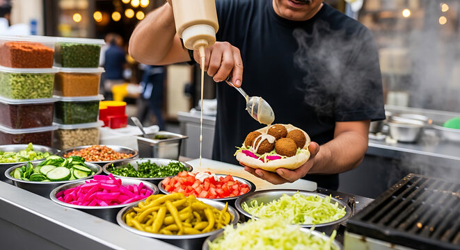 Street food vendor preparing falafel sandwich with fresh ingredients at outdoor market