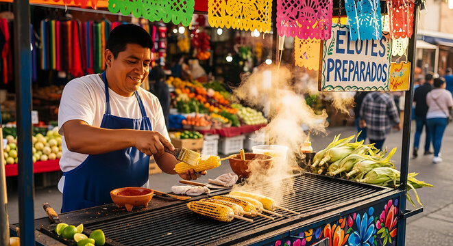 Street vendor grilling corn elotes at a vibrant Mexican market stall