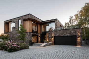 Naklejka premium Modern house design showcases brick and wood elements at sunset in a quiet neighborhood with landscaping and a clear sky