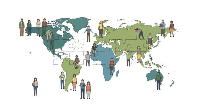 Diverse people spread across a world map puzzle, representing global population and connection
