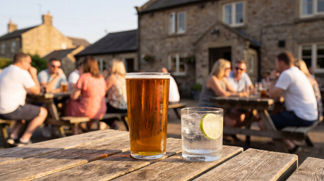 Cold beer and gin and tonic on wooden table outside British pub with people socialising in warm summer evening sunlight