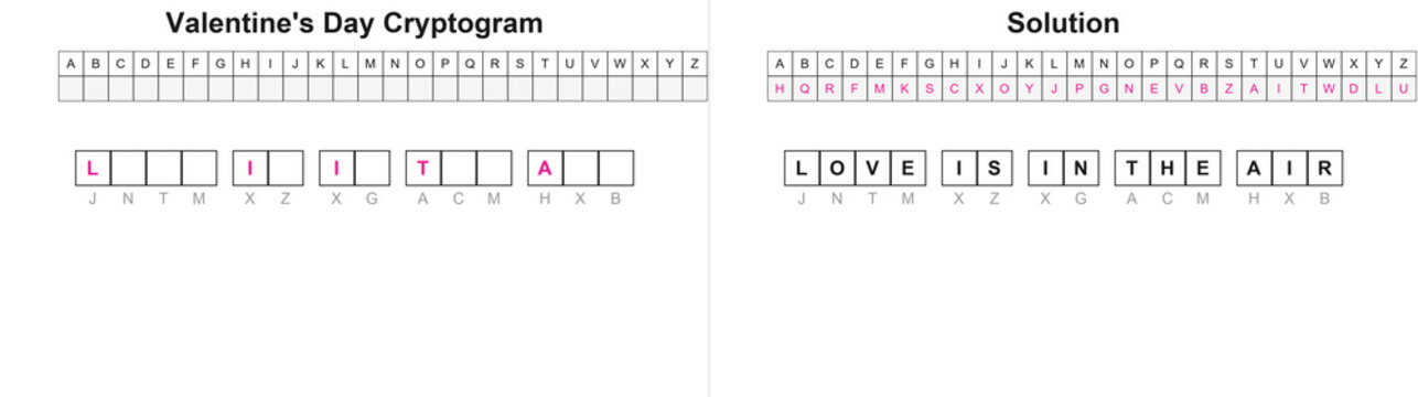 Valentine's Day Cryptogram Puzzle with Solution - Love Is In The Air