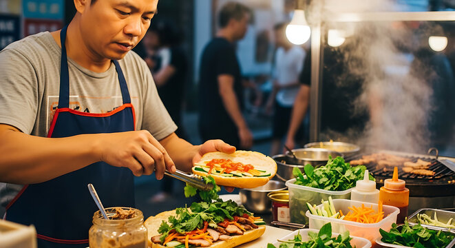 Vietnamese chef preparing banh mi sandwich at street food stall at night