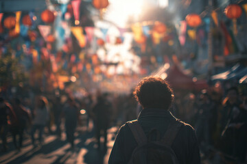 Fototapeta premium Walking through a vibrant street festival with blurred lanterns and colorful flags during a warm evening