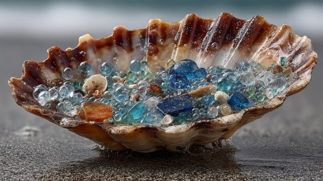 A vibrant seashell rests on sandy shores, overflowing with translucent blue, amber, and clear sea glass gems. The soft coastal light captures the textures of the ocean's treasure in a serene scene.