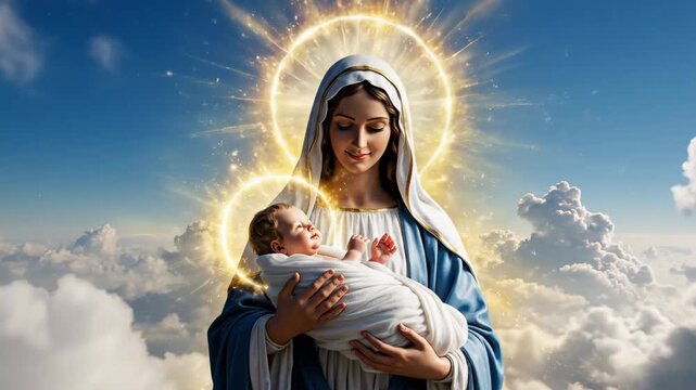 Caucasian woman holding baby against cloudy sky with bright halo. Mary mother of Jesus and infant Christ religious concept.