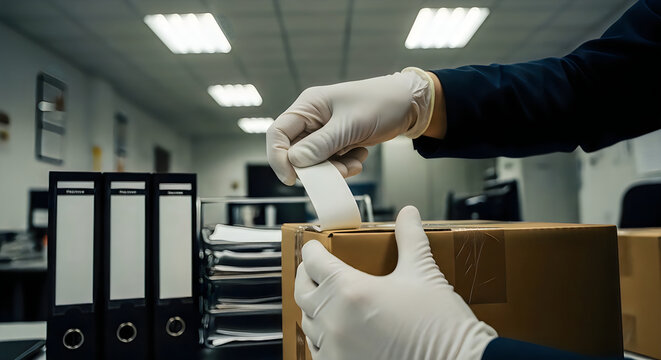 Gloved hands sealing a cardboard box with tape in an office environment with files and binders