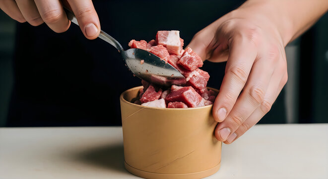 Chef's hands using a spoon to scoop diced raw meat into a round paper container for preparation