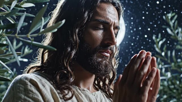 Caucasian man praying in olive grove at night with full moon and stars visible, evoking devout prayer, faith, and spirituality.