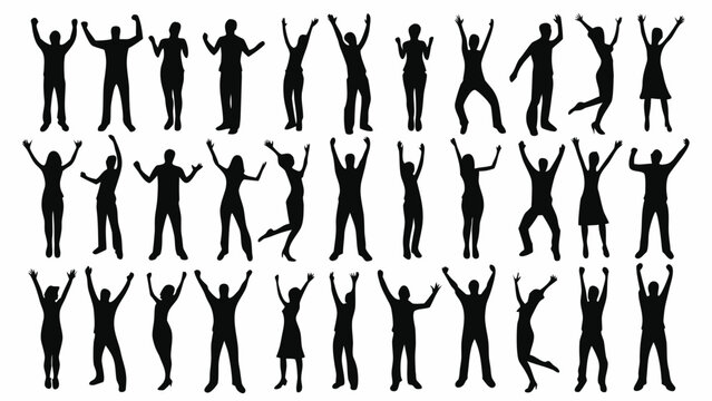 collection of black silhouettes depicting people celebrating with arms raised in various dynamic poses on a white background