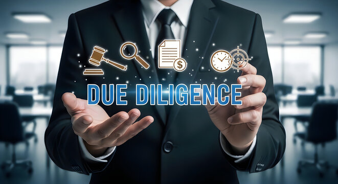 Businessman presenting the concept of due diligence with in an office setting