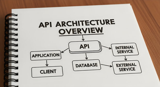 API architecture overview diagram in a notebook on a wooden table