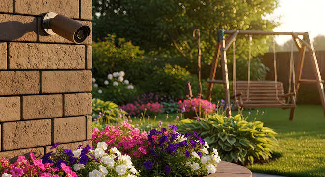 Security camera mounted on a brick wall overlooking a lush garden with flowers and a swing set
