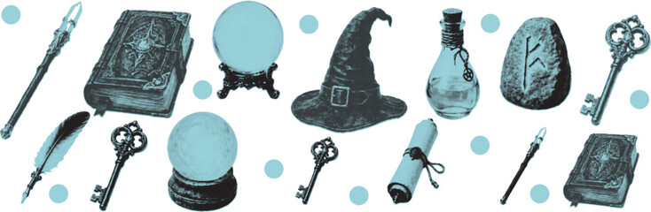 halftone pop art magic set with wizard hat spell book wand crystal ball and fantasy objects © SpiximCreation