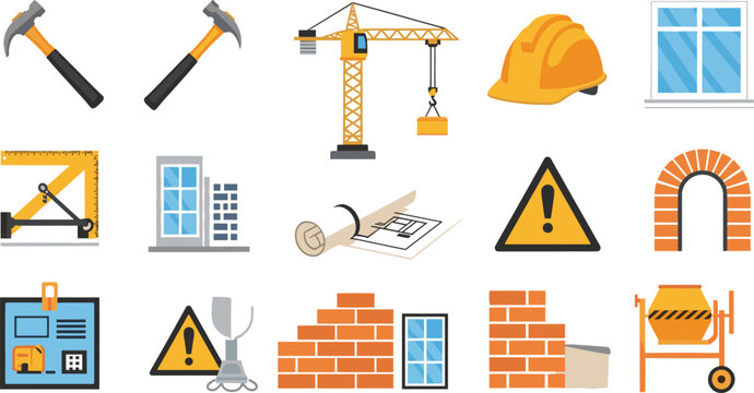 Construction Tools and Building Equipment Vector Set with Crane Helmet and Industrial Elements