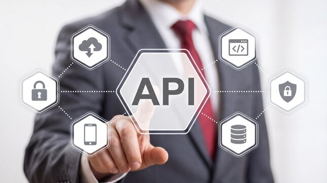 Businessman interacts with digital interface showcasing API connections and data security.