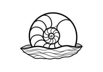 Black and white line drawing of a spiral snail shell on a wavy base © Popular Line 