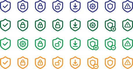 Fototapeta premium Cyber Security Shield Line Icons Set with Protection Safety and Data Privacy Symbols