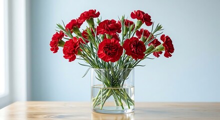 Obraz premium vibrant red carnations bouquet in clear glass vase on wooden table with soft natural light