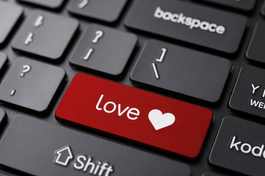 Close-up of a red keyboard key with the word 'Love' and a heart symbol, symbolizing online romance or affection