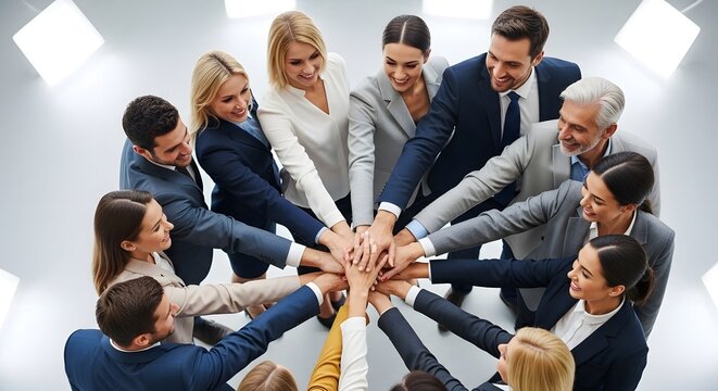 Diverse team collaborating, shaking hands in a professional meeting