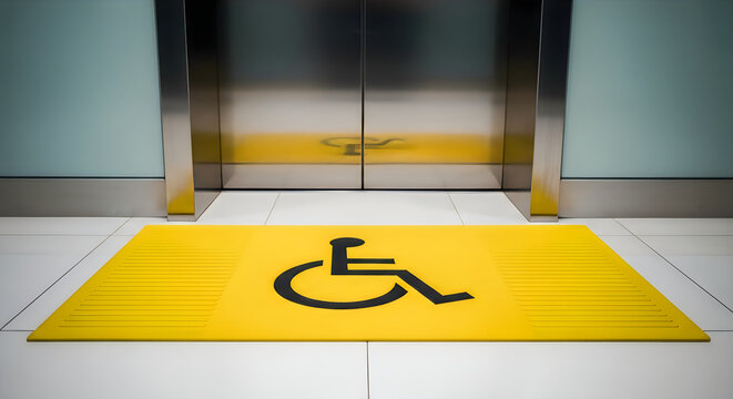 Yellow mat with black wheelchair symbol in front of modern elevator doors