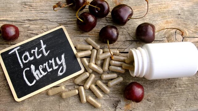 Cherry extract in supplements. Selective focus.