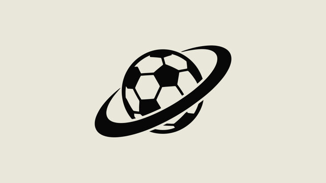 Minimalist soccer ball planet logo vector, black football with orbital ring icon, modern sports league branding element on neutral background