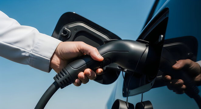 Hand plugging electric vehicle charging cable into car port for clean energy recharge