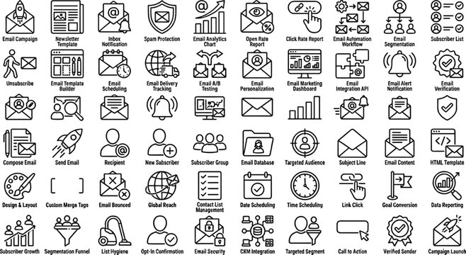 Email marketing icon set featuring campaign management automation analytics subscriber segmentation and modern outline vector business symbols collection
