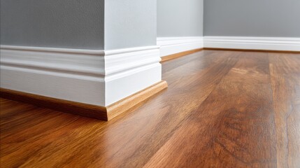 Fototapeta premium Close up of wood laminate flooring with white baseboards and shoe molding in a modern home interior