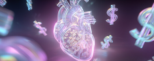 Obraz premium Glowing crystalline mechanical heart surrounded by digital currency symbols in a vibrant scene