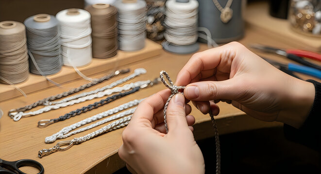 Hands braiding a thin string to create a bracelet with spools of thread and jewelry-making tools on a wooden workbench