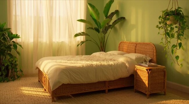 Sunlit bohemian bedroom with plants and rattan furniture 4K Ai HD high quality video.