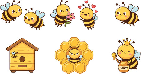 Cute cartoon bees collection with honeycomb hive, queen bee, flowers and honey jar, colorful vector illustration set for kids design © Kharshad Creative