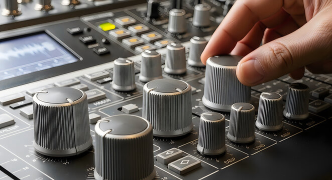 Hand adjusting knob on audio mixing console with digital display and multiple faders