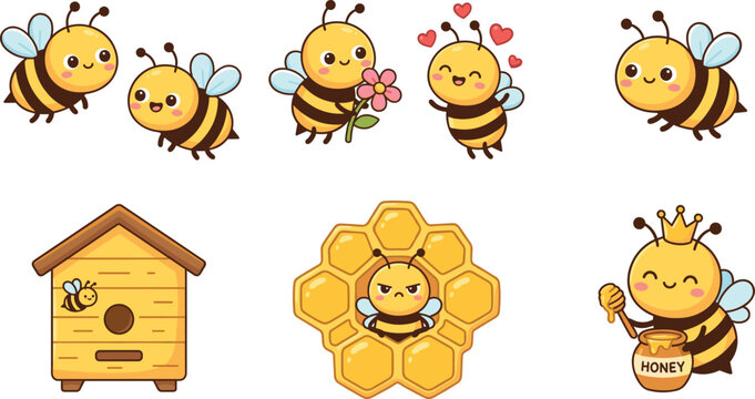Cute cartoon bees collection with honeycomb hive, queen bee, flowers and honey jar, colorful vector illustration set for kids design