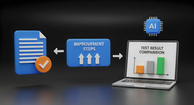 AI driven process flow showing document review improvement steps and test result comparison on laptop
