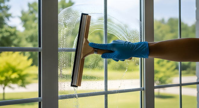 Hand wearing blue glove cleaning a window with a squeegee and soapy water
