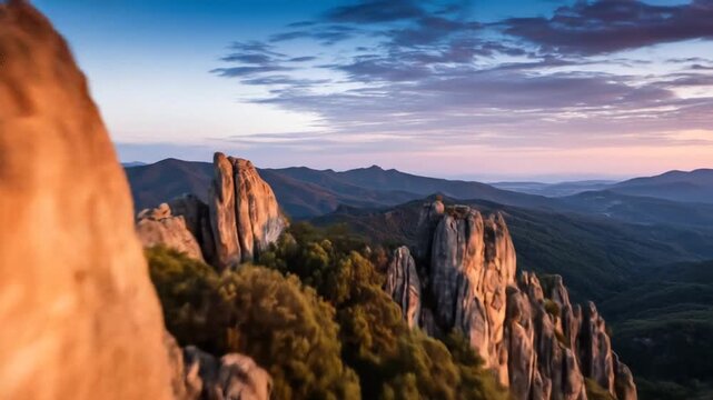 Majestic mountain landscape at sunrise with dramatic rock formations, golden hour light, and a vibrant sky over natural wilderness.