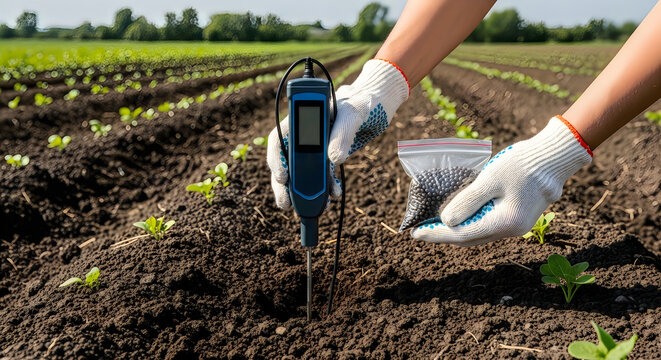 Farmer using soil moisture meter and seeds in a cultivated field with young plants