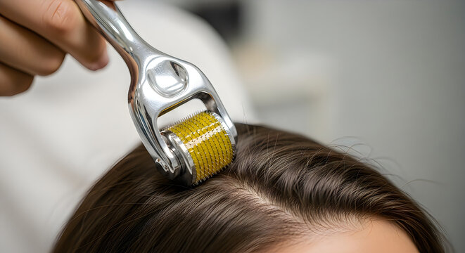 Close-up of derma roller with yellow needles being used on dark hair for scalp treatment