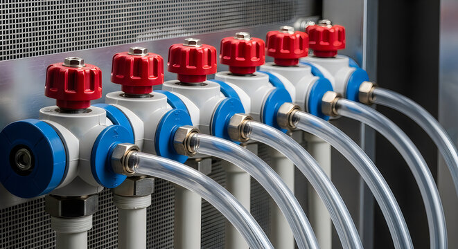 Row of industrial pneumatic valves with red knobs and clear tubes connected to pipes