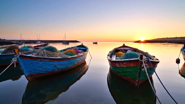 boats on calm water at sunset.