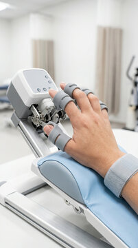 Hand wearing finger splints connected to physical therapy device using advanced technology for rehabilitation and recovery in clinical setting with calm atmosphere