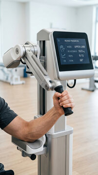 Technology physical therapy device for upper limb rehabilitation with digital display showing resistance and reps in modern clinic environment