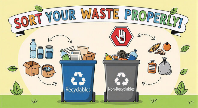 : A colorful vector illustration teaching how to sort waste properly, featuring a blue bin for recyclables and a gray bin for non-recyclables with various item examples.